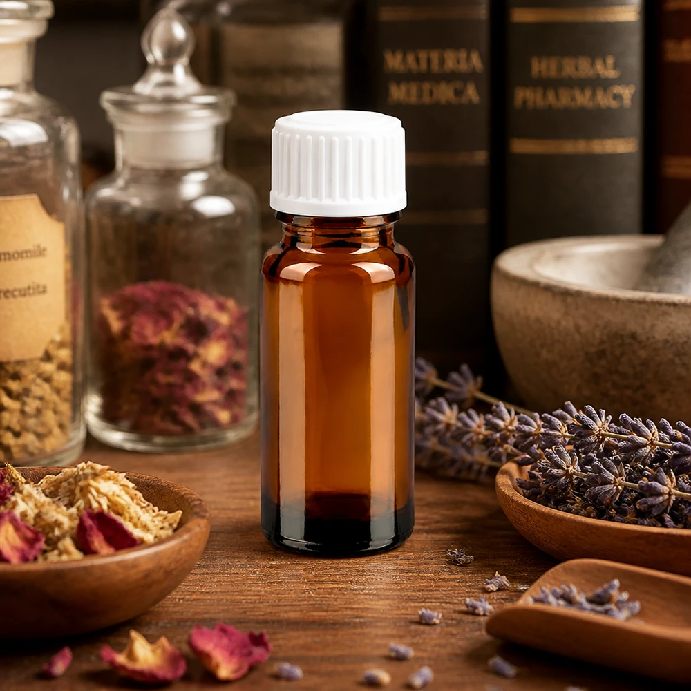 Medische bruine glazen fles van 10 ml met lavendelbloemen en een kruidenapotheek op de achtergrond