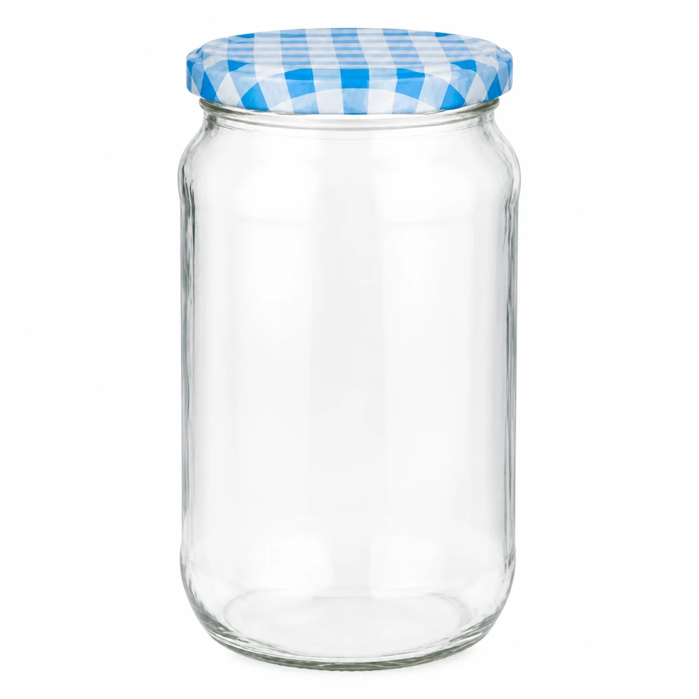 1062ml ronde pot met blauw en wit geblokt BasicSeal deksel, lege inmaakpot voor conserven en opslag