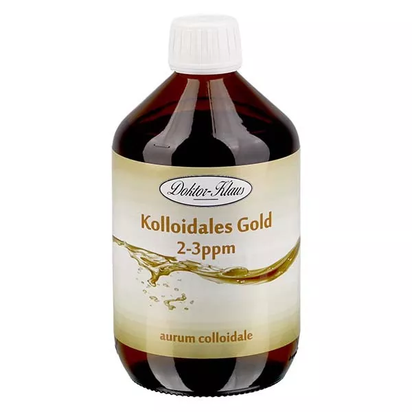 500 ml colloïdaal goud Doktor-Klaus, 2-3ppm, blauwe glazen fles met dop met verzegelring