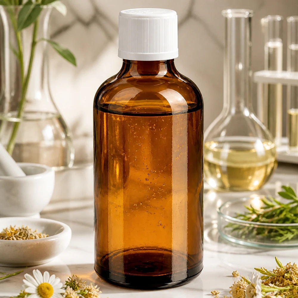 Apothekersflesje van bruin glas, 50 ml, met een witte KiSi-schroefdop, omringd door natuurgeneeskundige benodigdheden