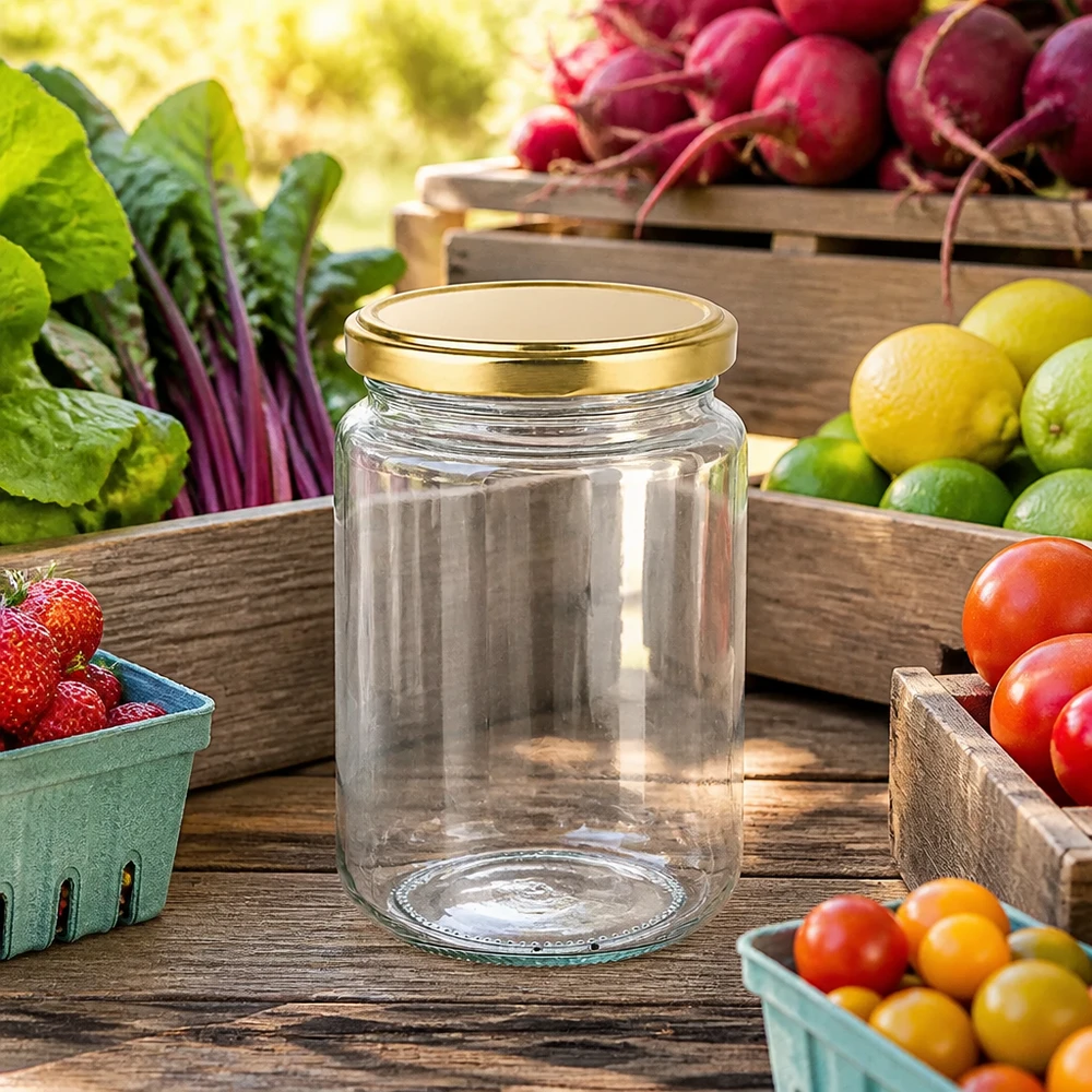 382ml rond glas met BasicSeal deksel goud UNiTWIST 382ml ronde pot met gouden BasicSeal deksel UNiTWIST op een houten tafel omringd door vers fruit en groenten