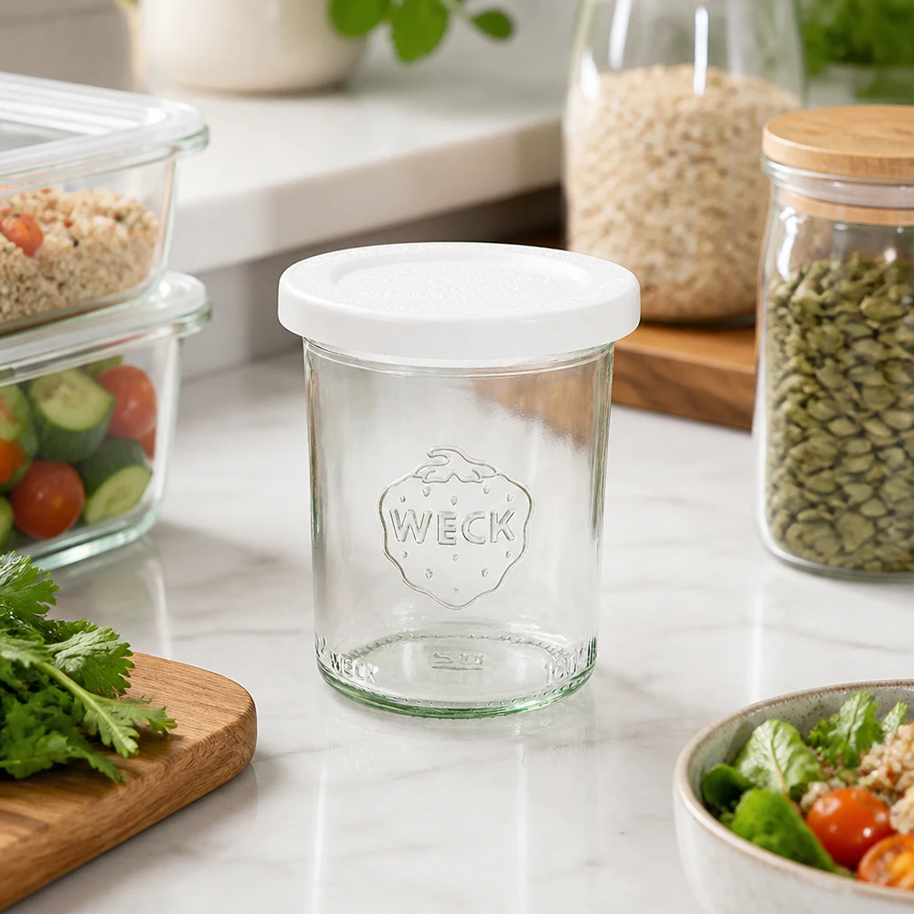 WECK RR60 bekers van 160 ml in een moderne keuken met voorraadpotten, salade en verse kruiden - veelzijdig opbergen