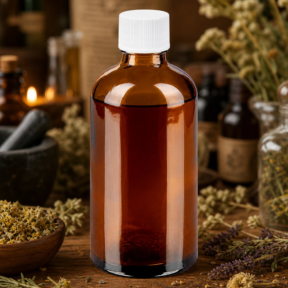 Bruin glazen flesje met een inhoud van 100 ml met standaard schroefdraad voor het veilig bewaren van vloeistoffen