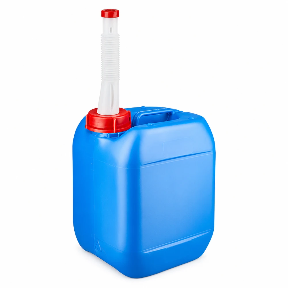 Draagbare kunststof jerrycan van 5 liter met geïntegreerd handvat, flexibele slang en rode schroefdop