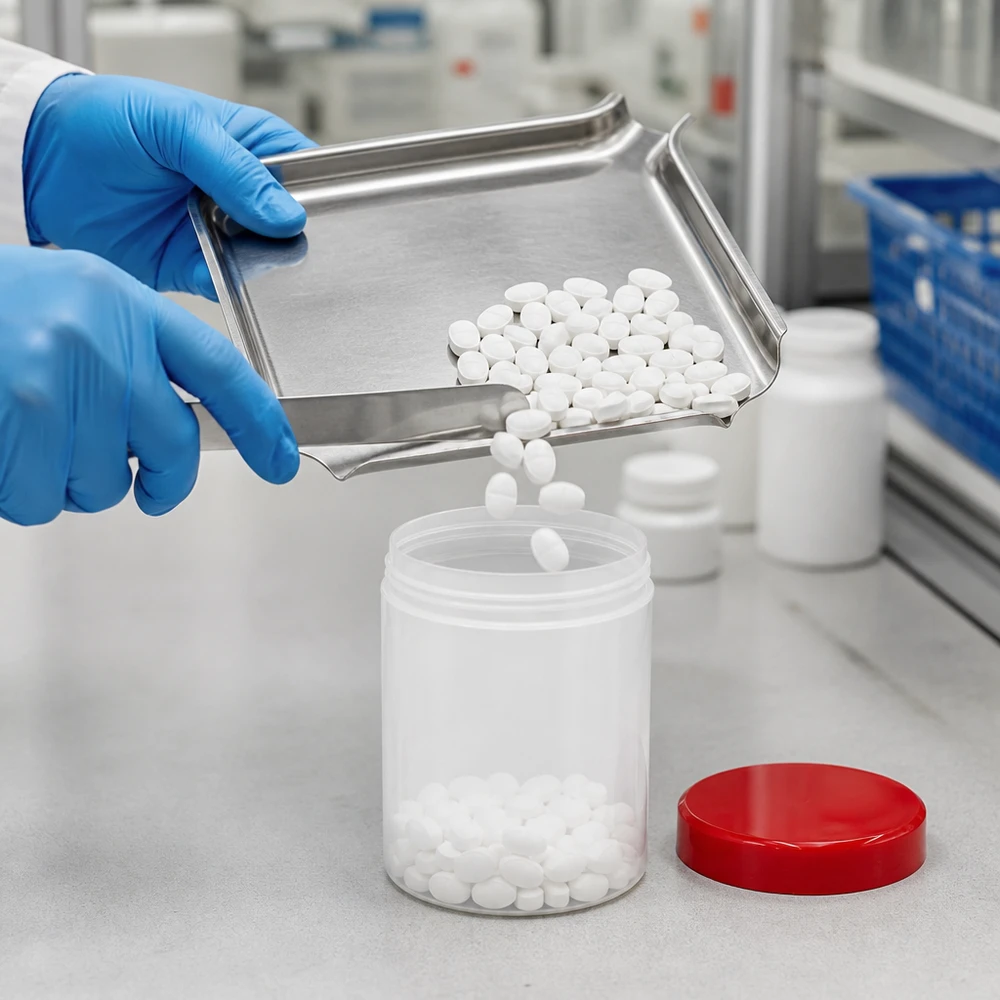 Zalfpot 10 g wit met rood schroefdeksel (PP) Het vullen van een zalfpotje van 10 g met witte, rode PP-schroefdop in het GMP-laboratorium, met handschoenen aan