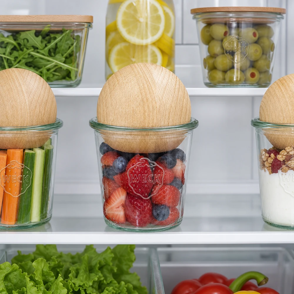 WECK potten 290ml RR80 met beuken kralen in de koelkast voor het bewaren van bessen en groenten