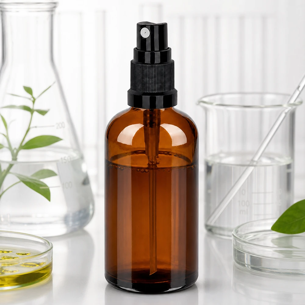 Apothekersfles 100ml bruin met zwart spuitopzetstuk voor farmaceutische toepassingen