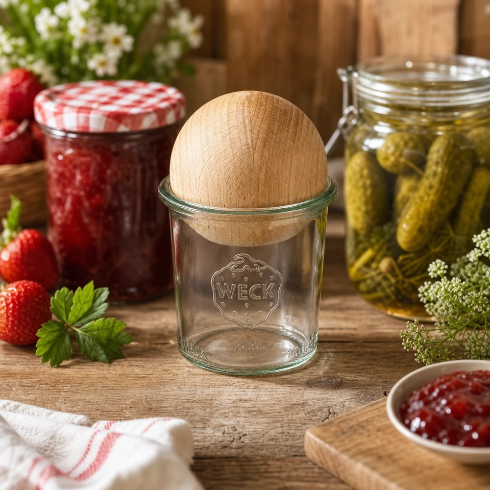 WECK pot 140ml RR60 in rustieke keuken met jam en ingemaakte augurken, beukenhouten deksel zichtbaar
