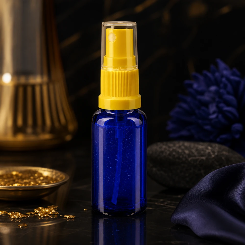 Hoogwaardige blauwe glazen fles met lichtbescherming van 20 ml, voorzien van een gele verstuiver en een veiligheidsdop