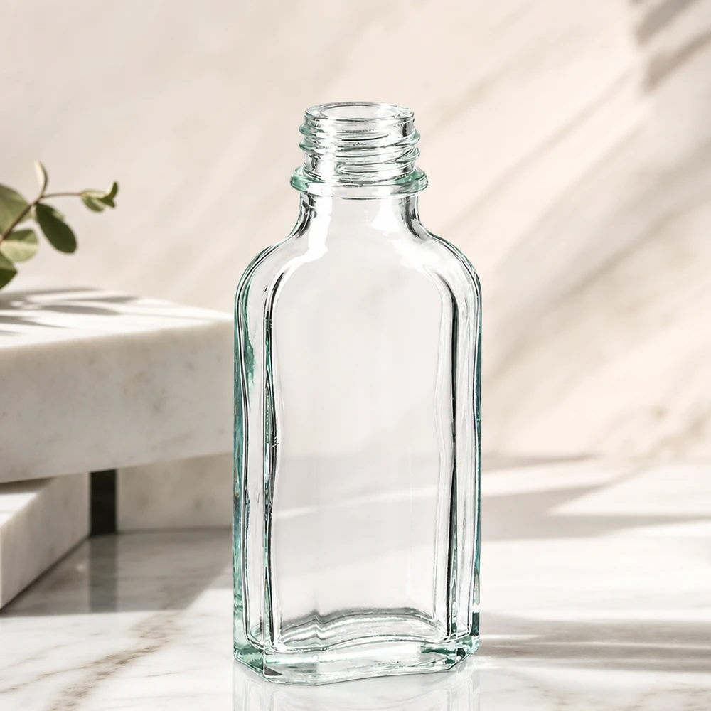 50 ml witte meplatfles met DIN 22 monding Meplat-flesje van helder glas, 50 ml, plat model, ideaal voor parfum en serums