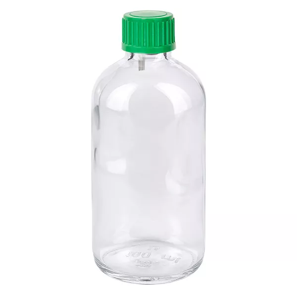 100 ml druppelfles van helder glas met groene schroefdop ClearLine UT18