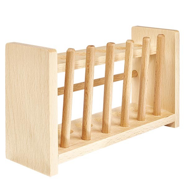 Reageerbuisrekken van hout, voor glazen buizen tot ca. 18 mm Ø voor 6 buizen, met 6 staven Reageerbuisrekken van hout, voor glazen buizen tot ca. 18 mm Ø voor 6 buizen, met 6 staven