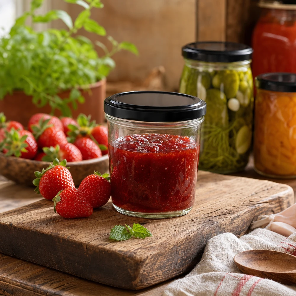 230 ml beker met aardbeienjam op houten plank toont praktisch keukengebruik van het BasicSeal deksel