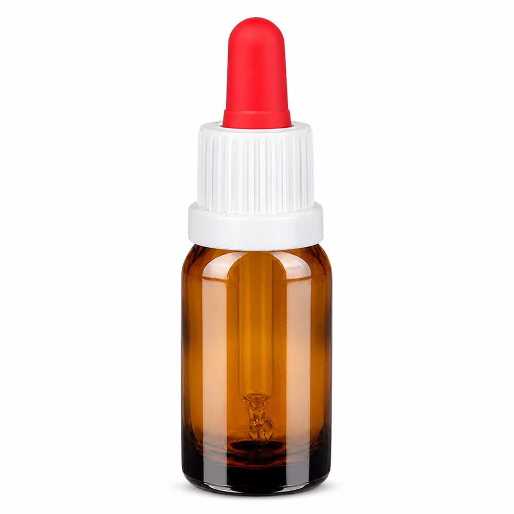 10 ml pipetflesje van amberkleurig glas met witte dop en rode druppelaar voor nauwkeurig doseren