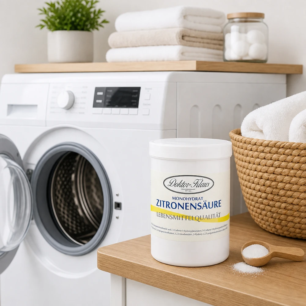 Doktor-Klaus citroenzuur 1000g food grade in wasruimte met witte wasmachine en handdoeken