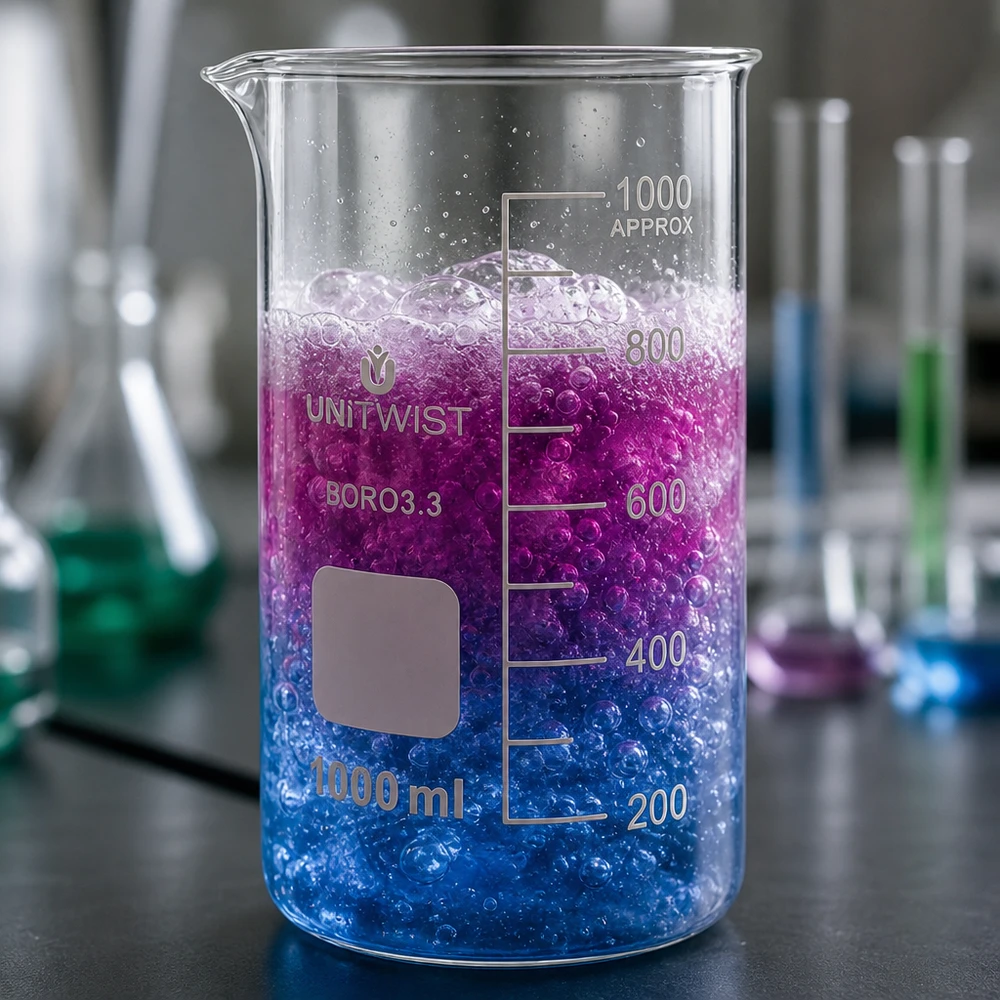 Becherglas van 1000 ml, hoog model, borosilicaat, UNITWIST, met aan de zijkant een bruisende blauw-roze inhoud