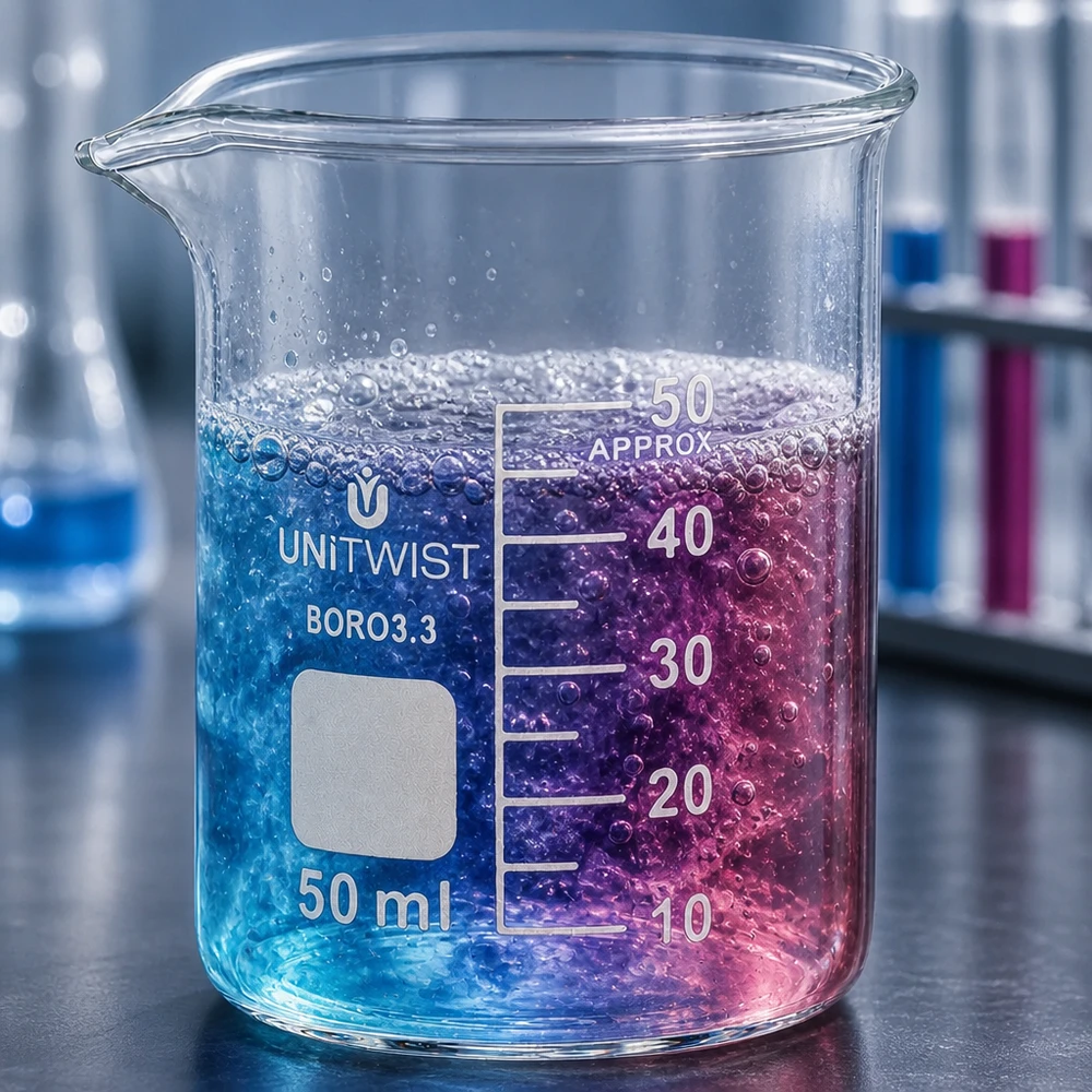 Beker 50ml borosilicaat, lage vorm UNiTWIST Laag becherglas 50 ml UNiTWIST van hoogwaardig borosilicaatglas met schenktuit en labelveld