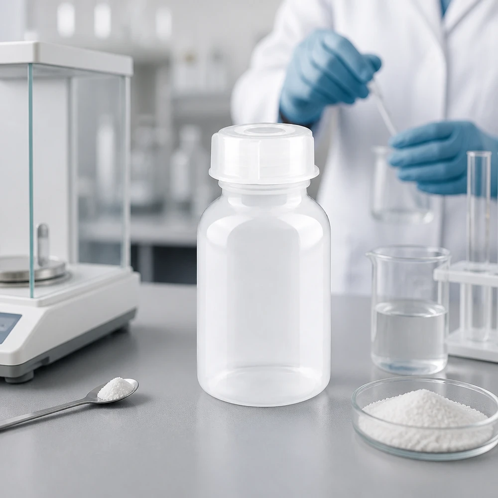 Laboratoriumfles van 100 ml met brede hals in een compacte cilindrische vorm voor gestandaardiseerde laboratoriumtoepassingen