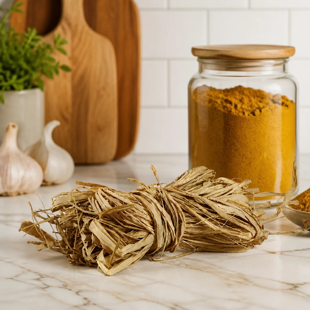 Natuurlijke raffia 30g goudbeige op marmeren werkblad met keukengerei toont natuurlijke decoratieve vezels voor in huis