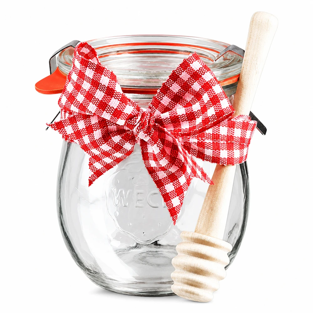 WECK mini tulpenpot 220ml met deksel, rood lint en houten honinglepel, inmaakpotten set compleet