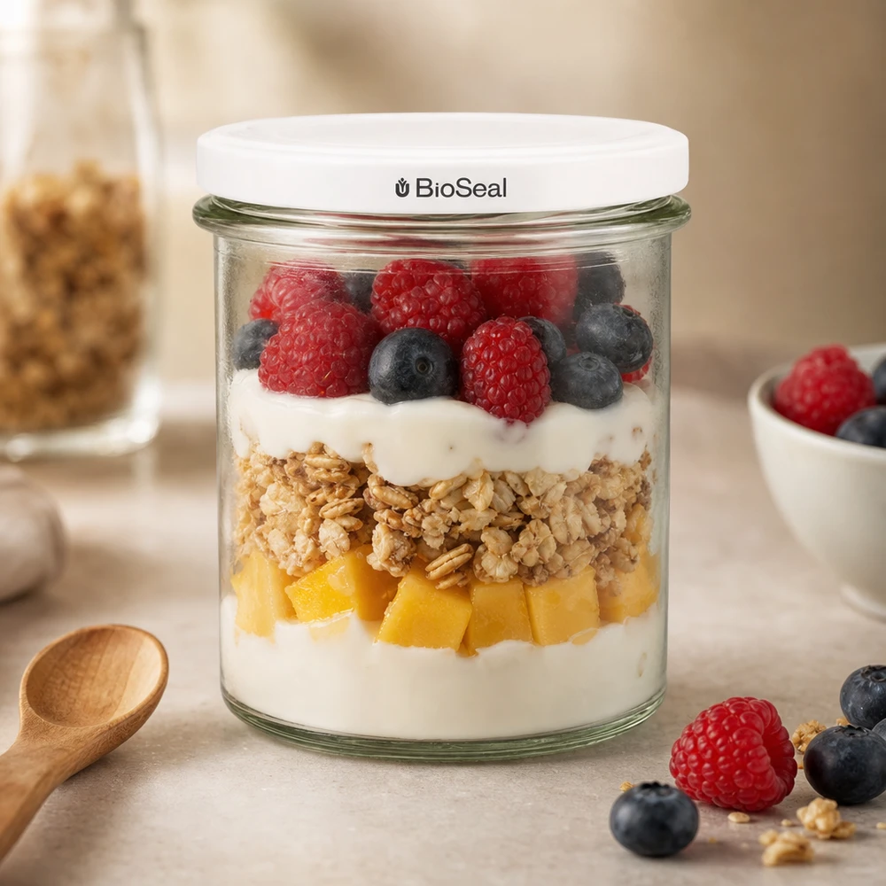 350ml bekers met BioSeal deksel wit UNiTWIST UNiTWIST Sturz350 als stylisches Dessertglas mit Beeren Granola und Joghurt zeigt moderne Küchenästhetik TO82 BioSeal