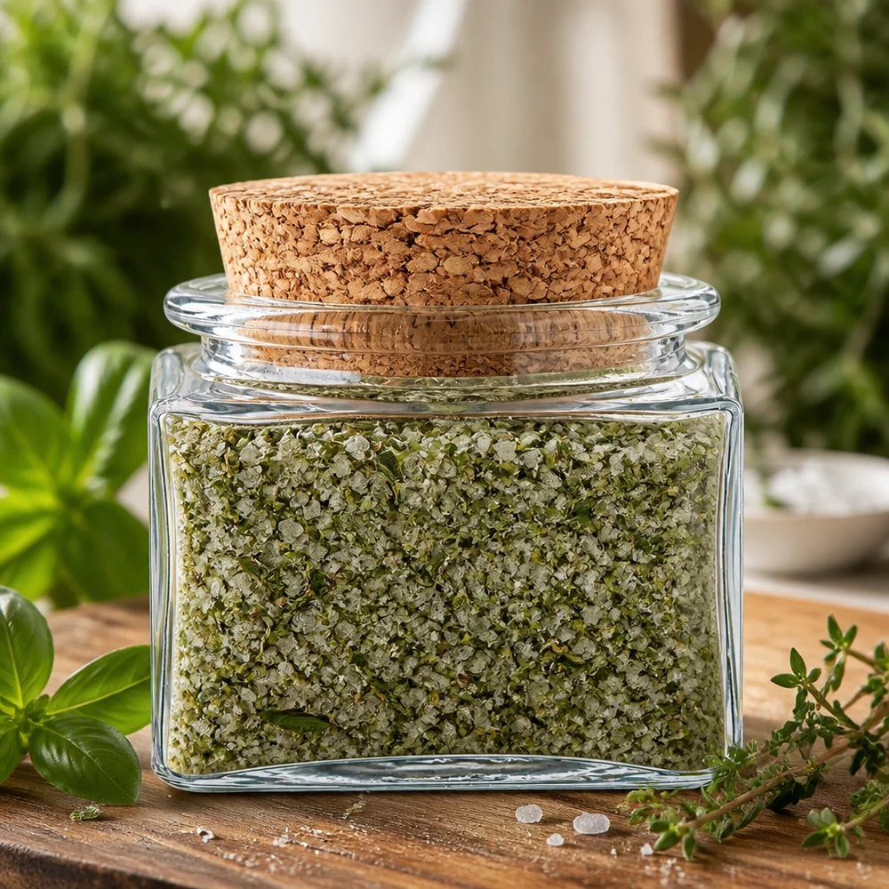 Kruiderpot-idee: Kurkfles Quadratus 40ml helder, opening 28 mm, met kurk Vierkant glazen potje van 40 ml met kurk, gevuld met kruidenzout, als cadeau-idee