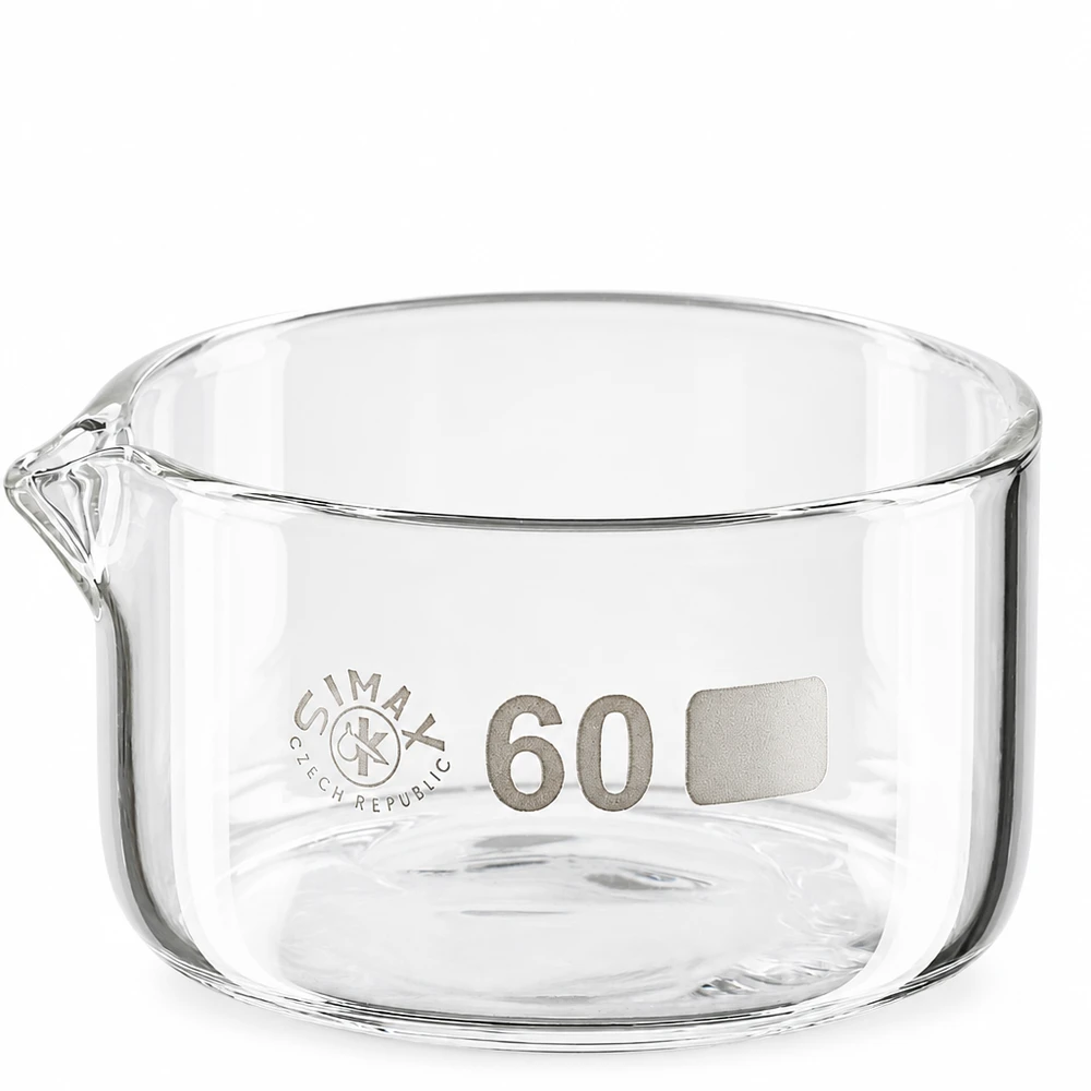 Kristalliseerschaal 60ml met schenktuit Vlakke laboratoriumglazen schaal van 60 ml, diameter 60 mm, met uitgietmond, voor kristallisatie en inkooking
