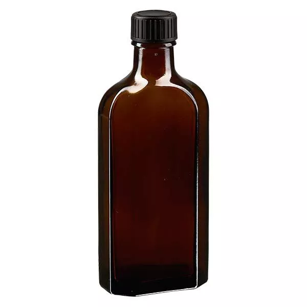 150 ml bruine meplatfles met DIN 22 monding, inclusief schroefsluiting DIN 22 zwart van LKD