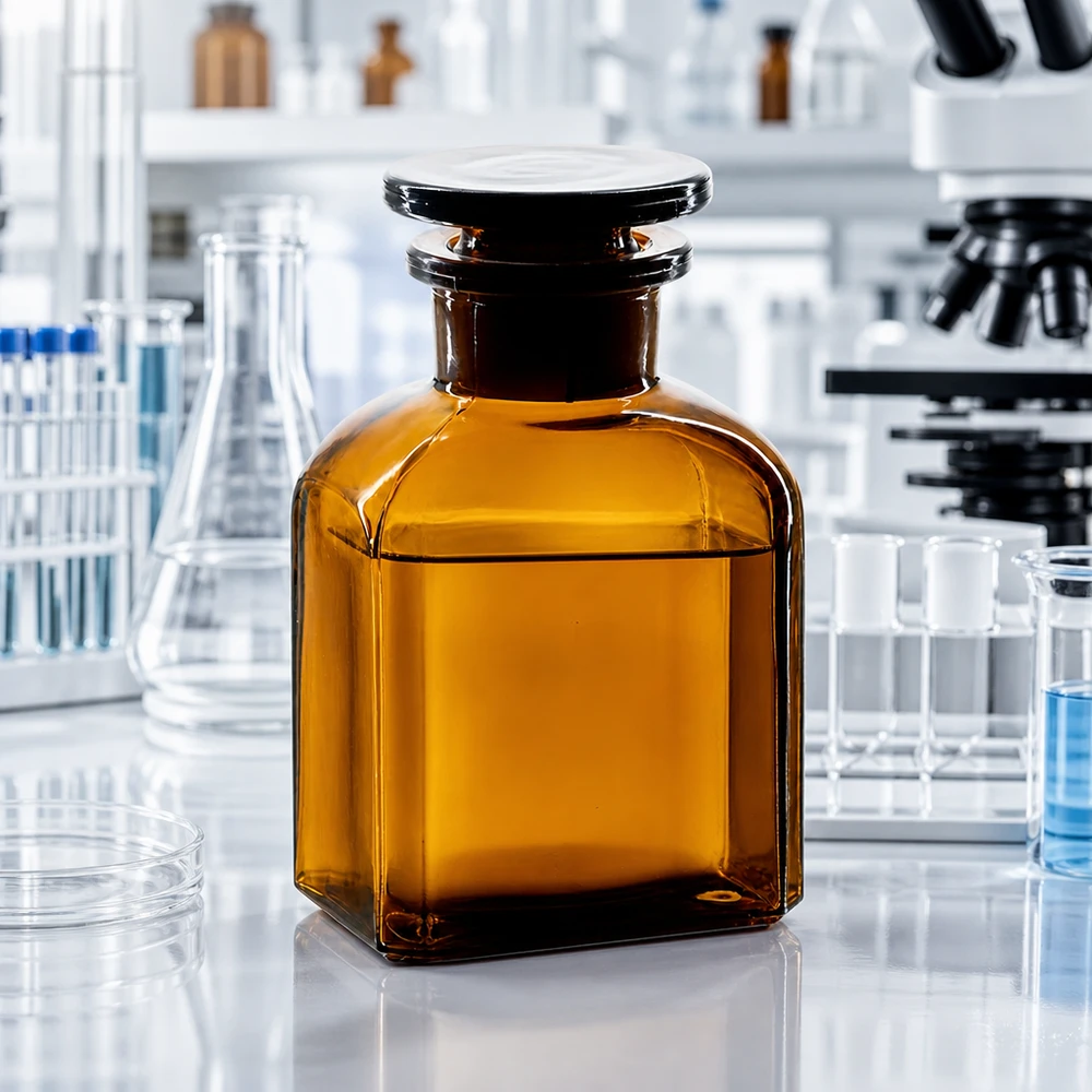 Bruine voorraadfles van 150 ml met brede hals en glazen stop voor lichtgevoelige stoffen in het laboratorium