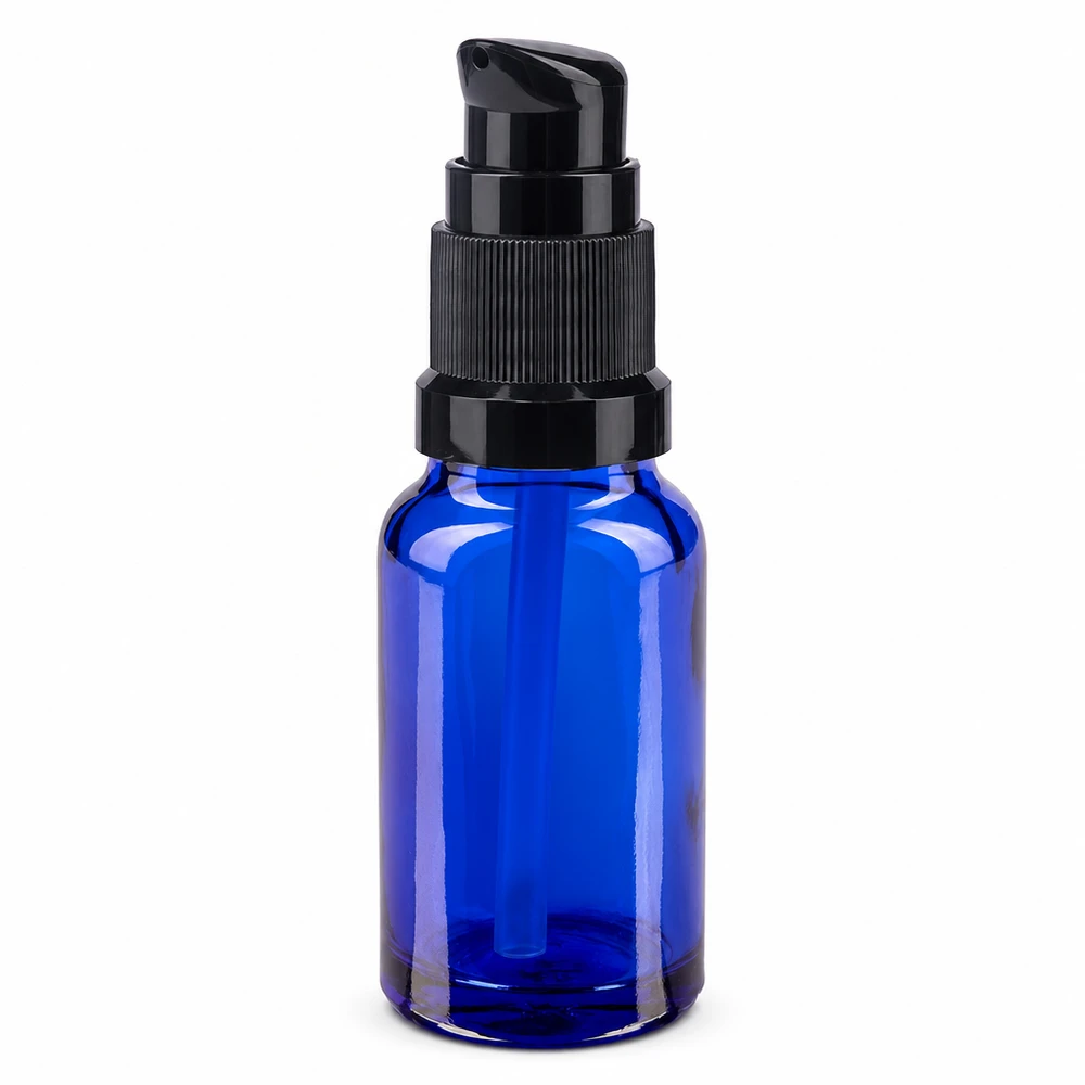 Blauw apothekersglas 10 ml met zwarte pompdispenser, glazen fles met UV-bescherming