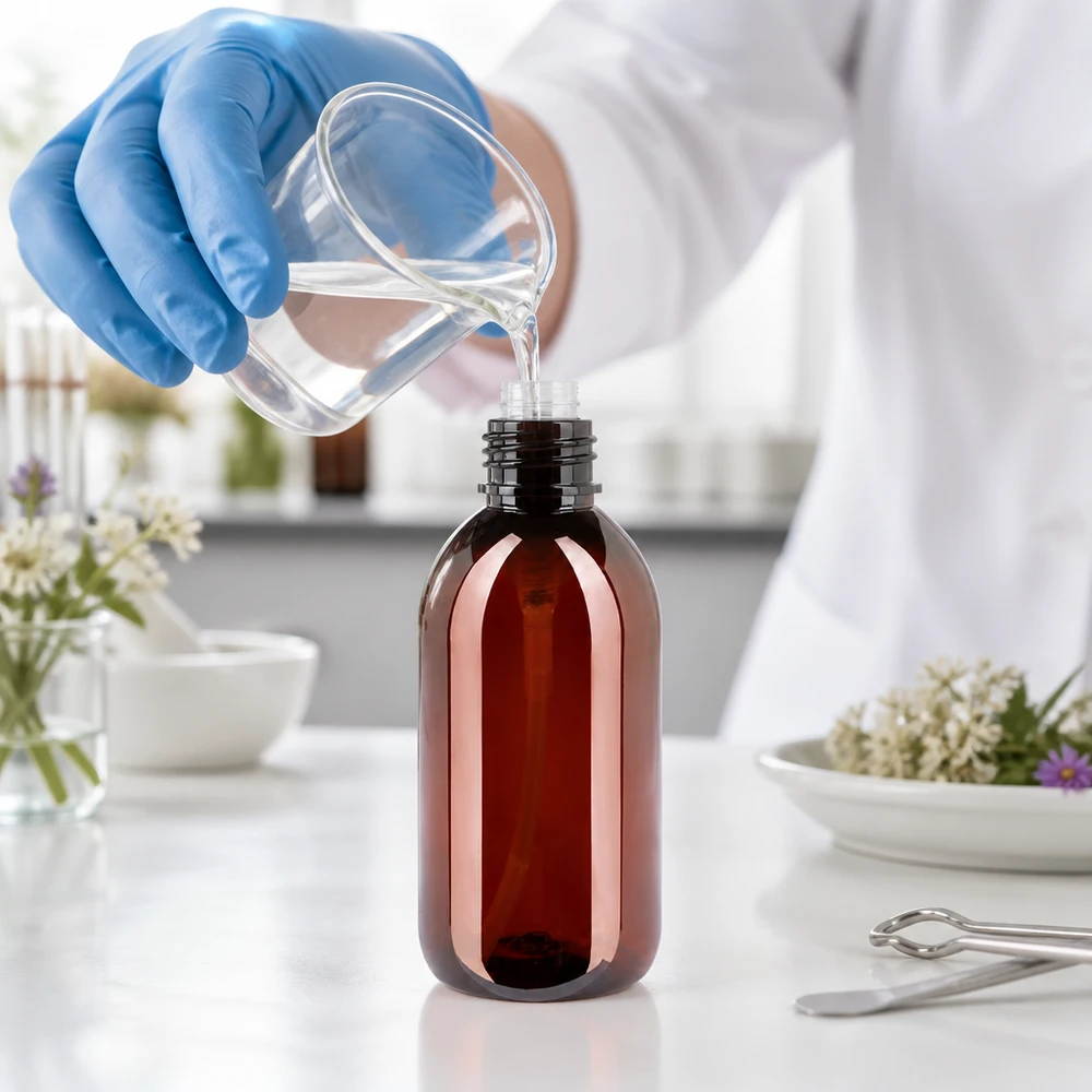 Compacte bruine PET-fles van 250 ml met een zwart afgedichte pomp voor natuurextracten en tincturen