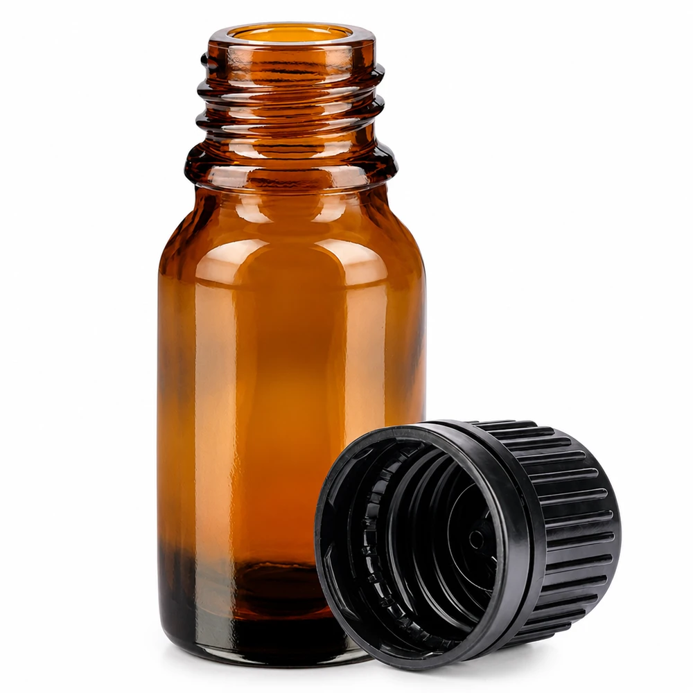 10ml fles 11mm SV zwart OV BrownLine UT18/10 Klein amberkleurig glazen flesje van 10 ml met geribbelde zwarte dop voor UV-bescherming en veilig bewaren