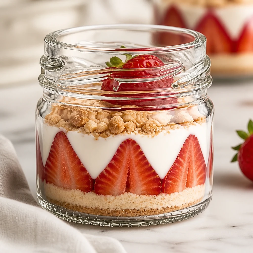 UNiTWIST rond glas 33 ml als stijlvol dessertglas met lagen aardbeien-cheesecake