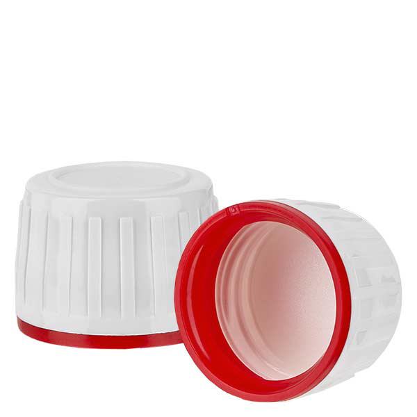 Schroefsluiting wit voor PET medicijnfles, garantiesluiting (OV) met rode ring Schroefsluiting wit voor PET medicijnfles, garantiesluiting (OV) met rode ring