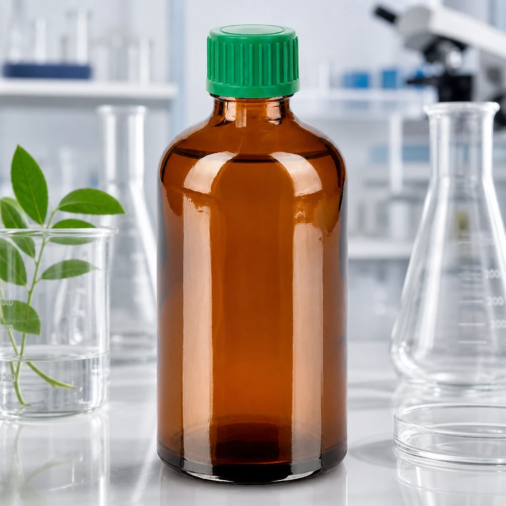 Amber glazen laboratoriumfles van 100 ml met groene schroefdop voor chemische stoffen
