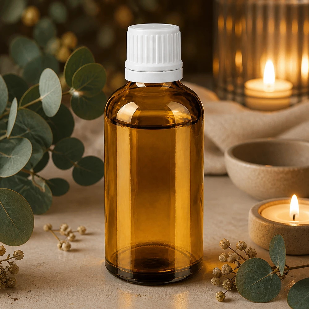 Amberkleurige fles van 50 ml, borosilicaatglas, met witte kindveilige sluiting, farmaceutisch gebruik