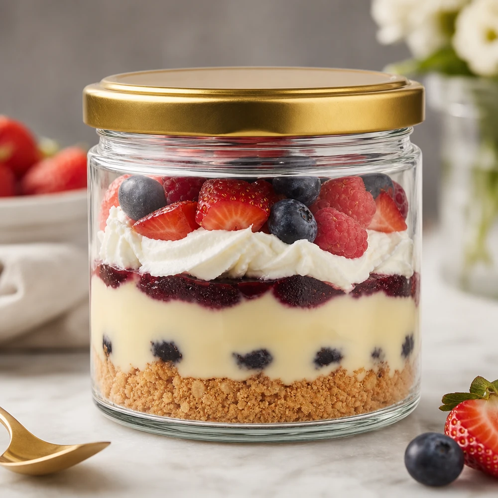 540 ml rond glas met BasicSeal deksel goud als dessertglas gevuld met gelaagde bessen en room