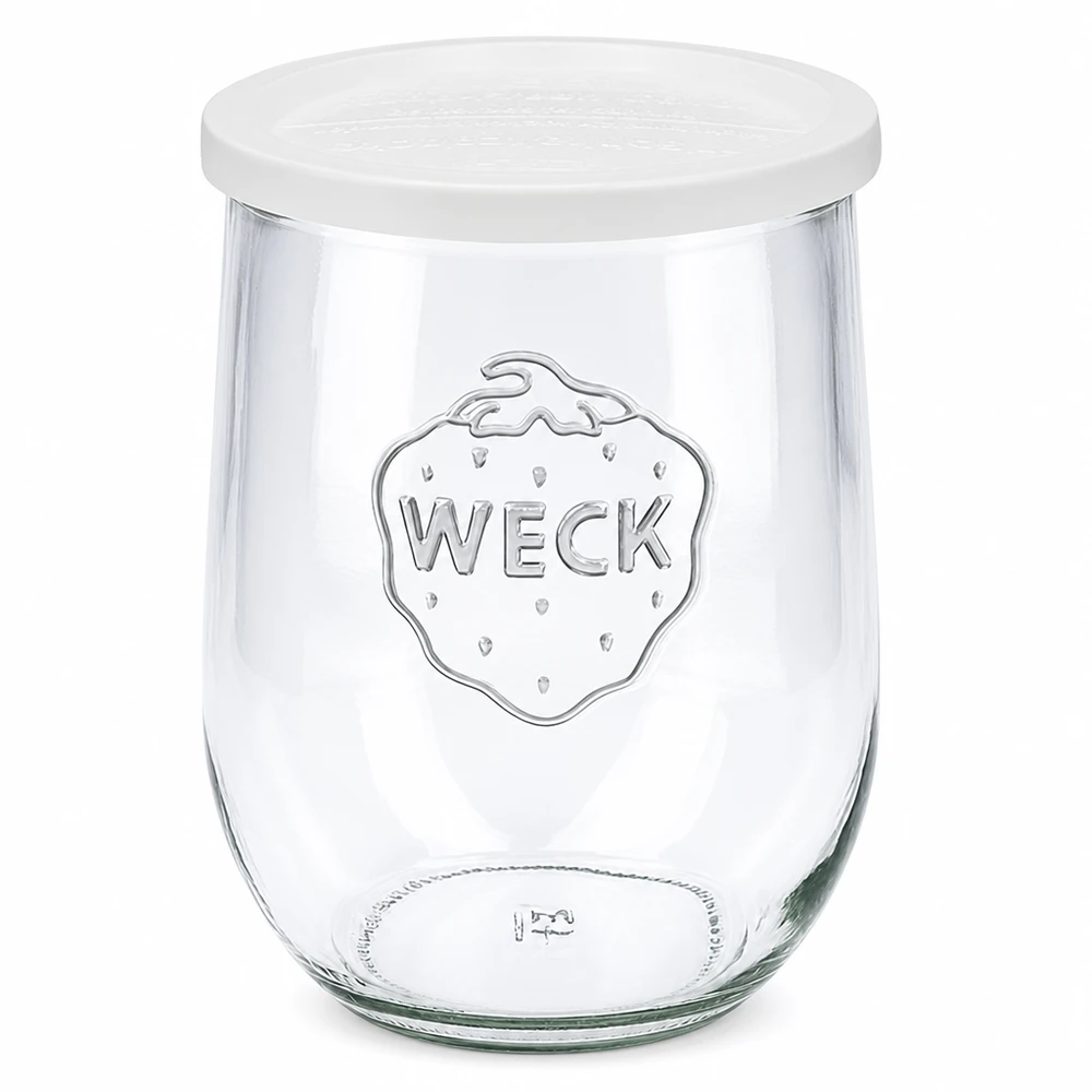 1062ml tulpenglas met vershouddeksel WECK RR100 WECK tulpenpot 1062ml met wit vershouddeksel RR100 inmaakpot met logo transparant