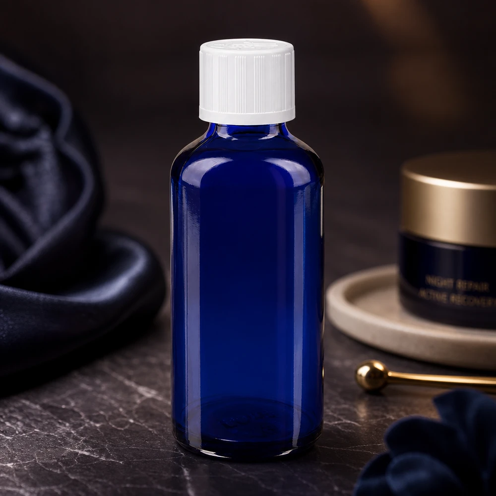Blauwe glazen flessen 50ml met wit schroefsluiting kinderslot St Lichtbeschermende apothekersfles, blauw, 50 ml, met kindveilige sluiting en een gesatineerde afwerking