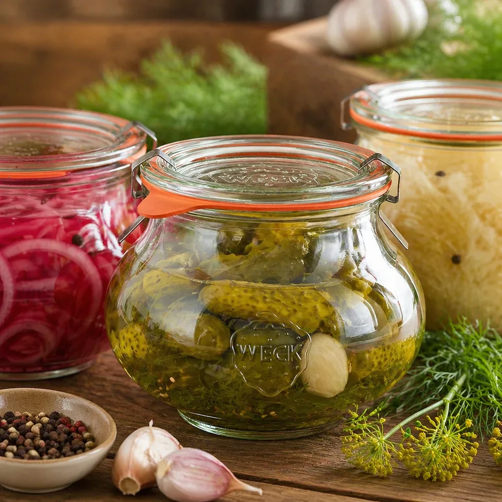WECK decoratieve pot 560ml met ingemaakte augurken en groenten, omringd door specerijen en kruiden om in te leggen