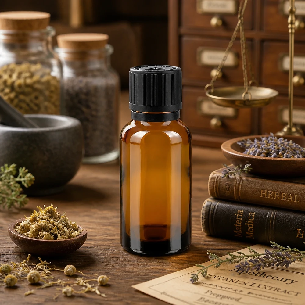 Flesje van 20 ml voor etherische olie, van bruin glas, met zwarte kinderveiligheidssluiting en kruidendecoratie
