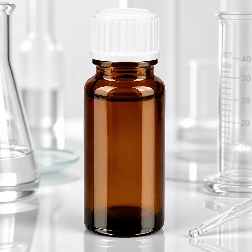 Medicijnflesje van 10 ml van bruin glas met UV-bescherming en een witte schroefdop