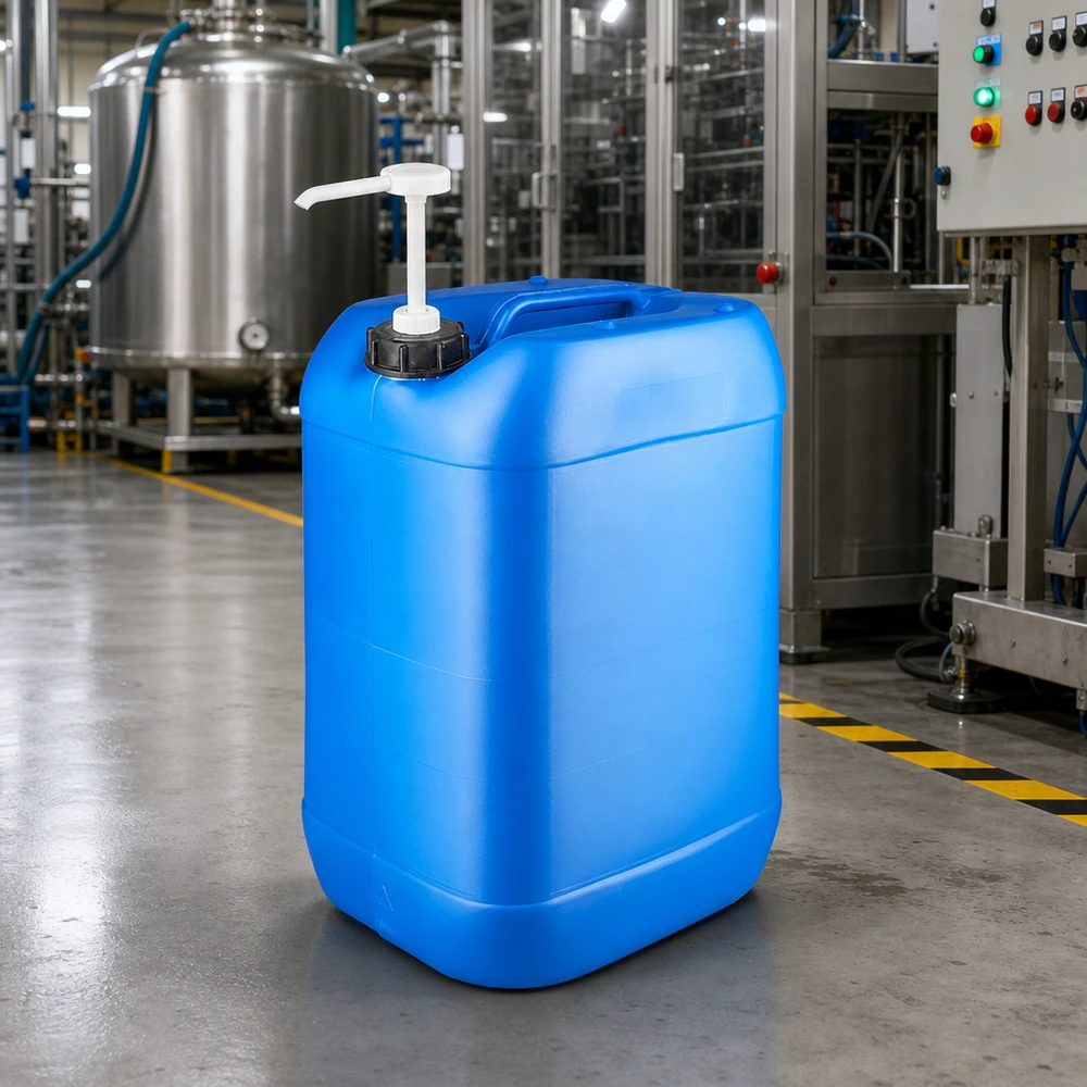 Stapelbare blauwe rechthoekige jerrycan van 25 liter met witte doseerpomp en handgreep aan de zijkant