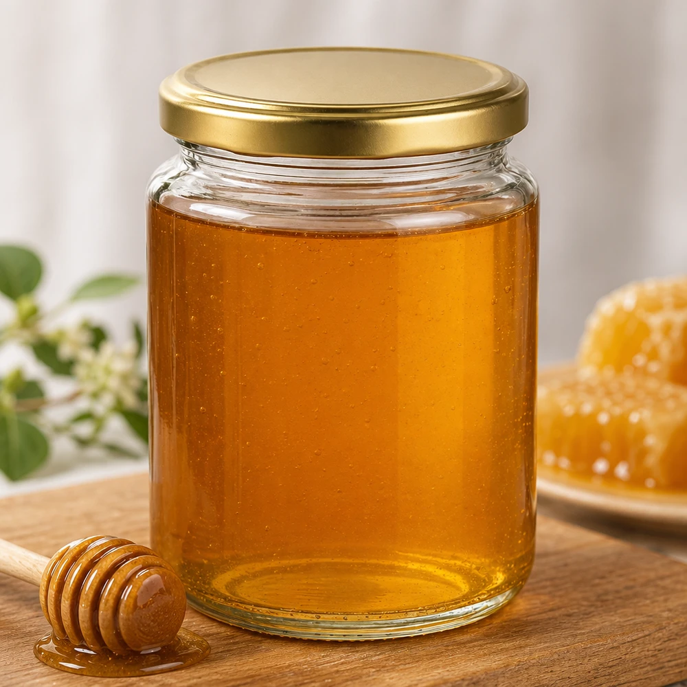 450g BasicSeal Honigglas mit goldenem Deckel gefüllt mit flüssigem Honig Holzhoniglöffel Wabe Imkerei Naturprodukt