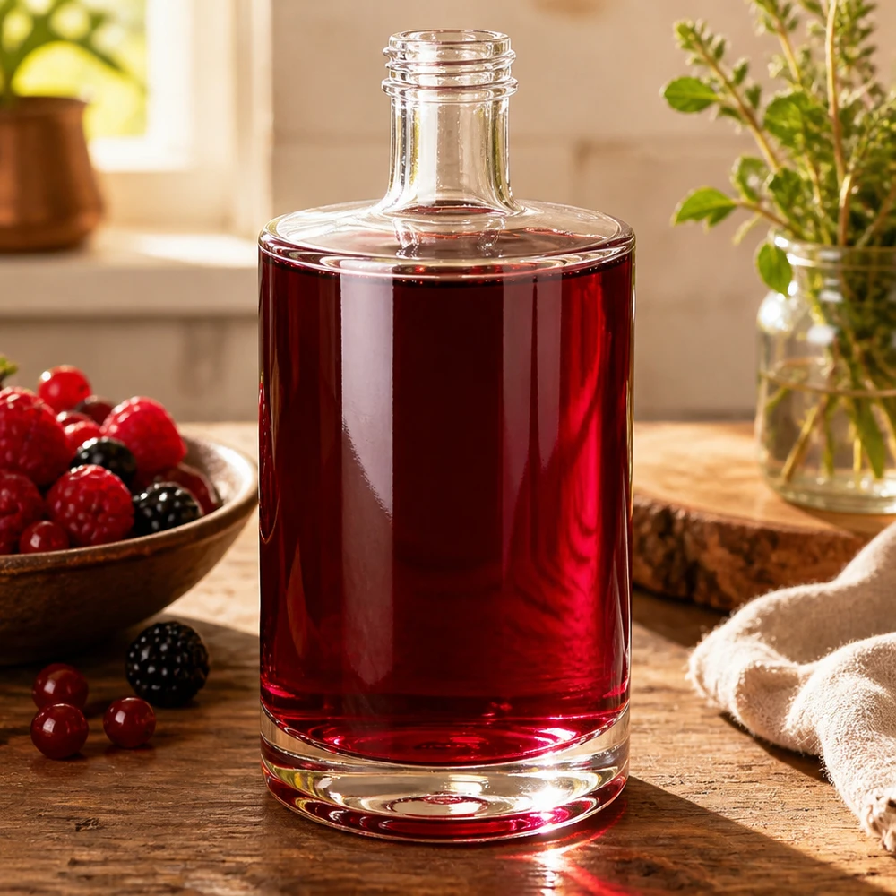 500ml glazen fles Sam gevuld met rode bessensap decoratie houten tafel bessen kruiden natuurlijke sfeer