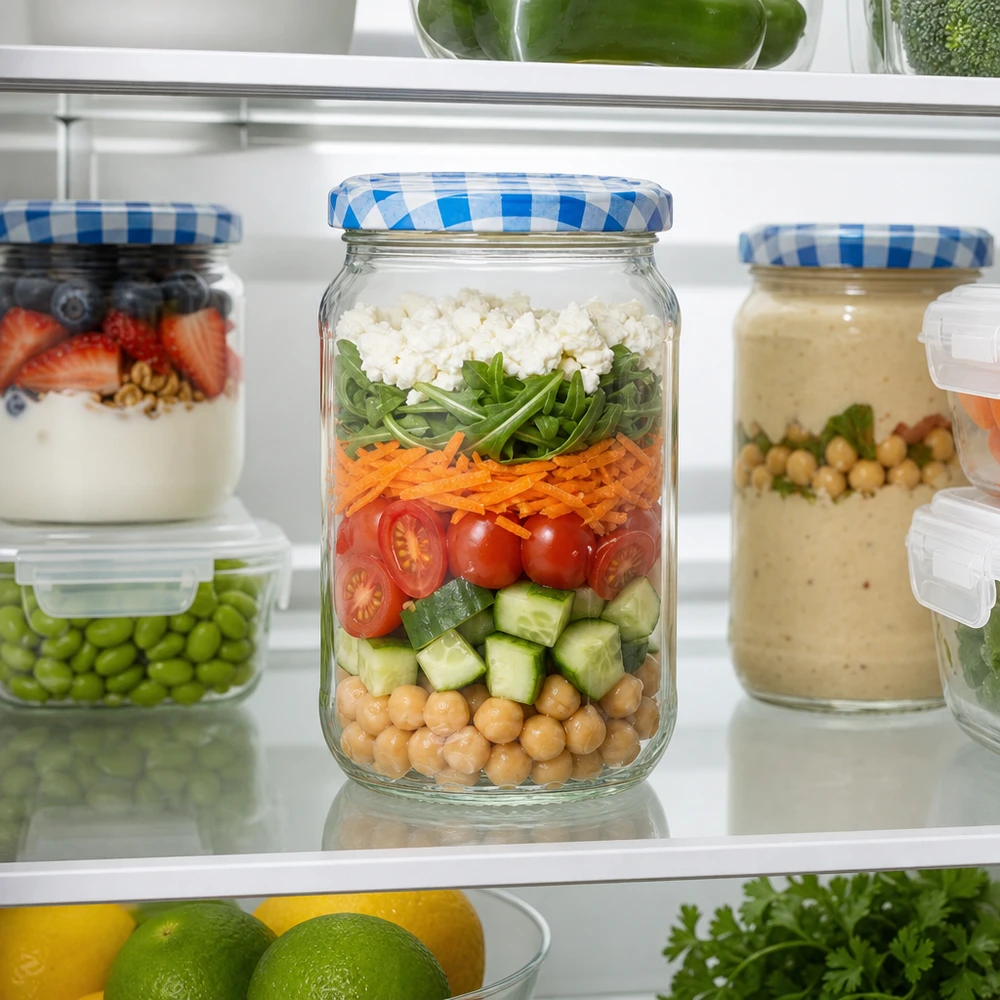 1062ml ronde pot gevuld met gelaagde salade in de koelkast, praktische meal prep oplossing met BasicSeal deksel