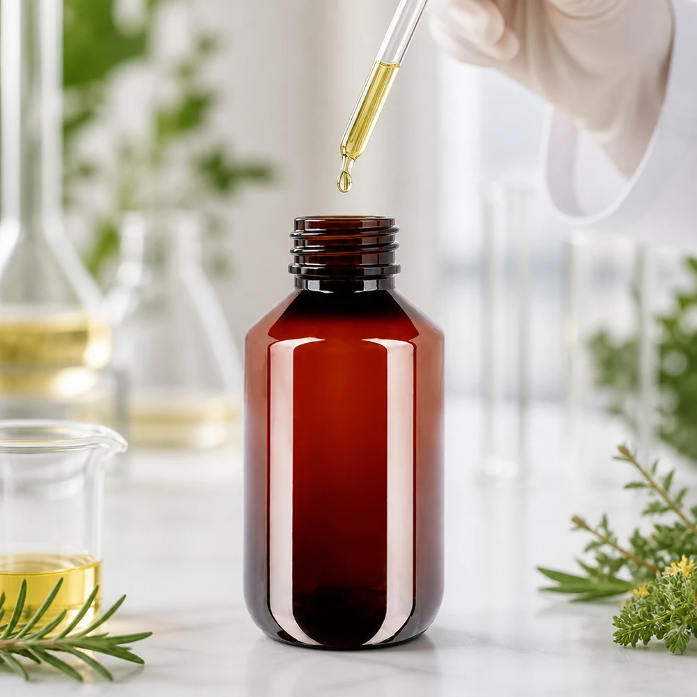 Kunststofverpakking van 200 ml in amberkleur met witte buitenverpakking voor UV-gevoelige vloeistoffen