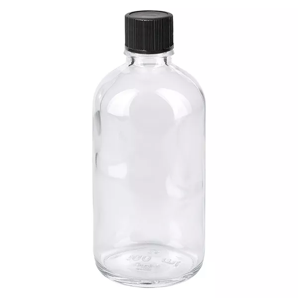 Doorzichtige glazen fles van 100 ml met zwarte schroefdop ClearLine-druppelfles UT18