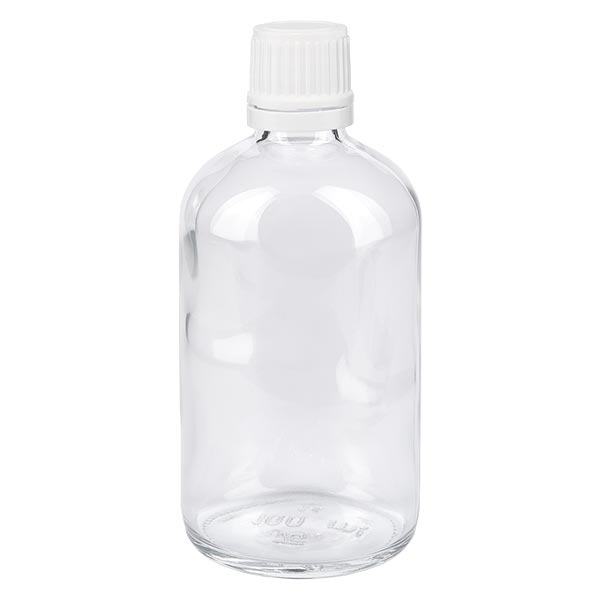Helder glazen flessen 100ml met wit schroefsluiting VR Helder glazen flessen 100ml met wit schroefsluiting VR