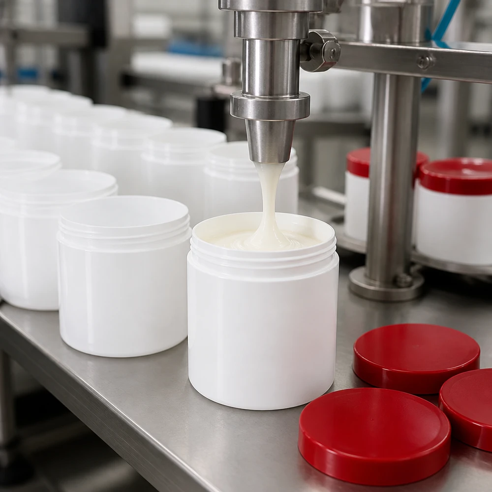 Zalfpotjes van 30 g in massaproductie met rode PP-schroefdop op een roestvrijstalen productielijn
